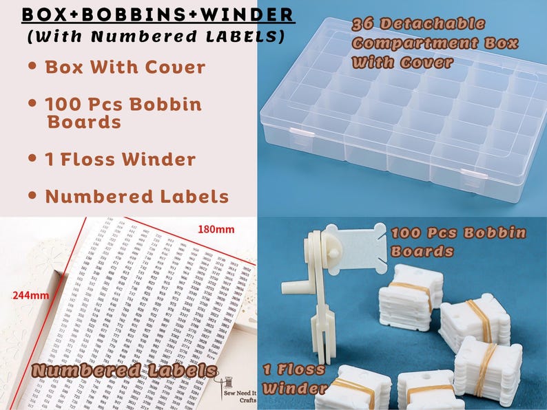 Complete Embroidery Floss Organizer Set with Adjustable Grid Floss Bobbin Storage Box, 100 Bobbins, Floss Winder & Label Stickers, Bead Box image 13