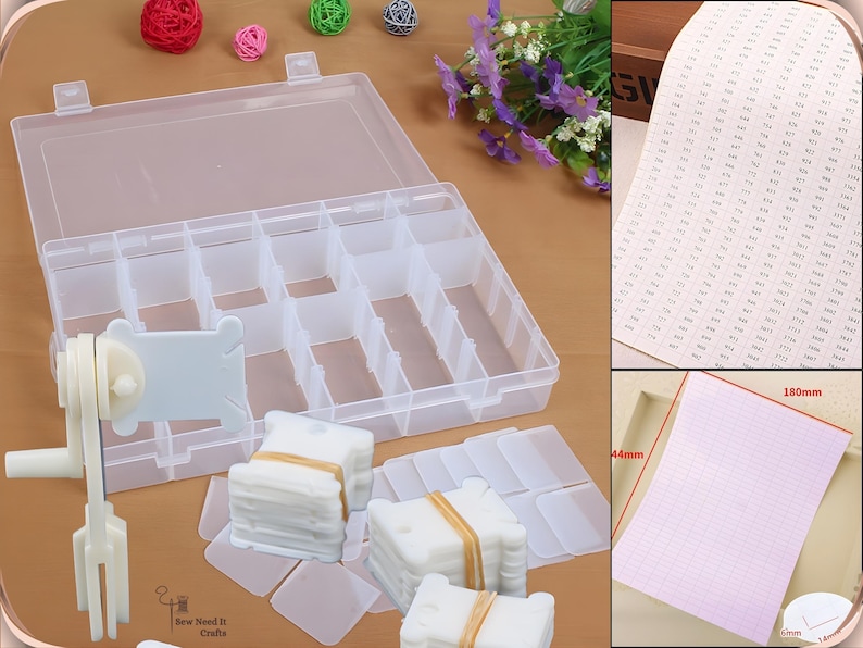 May include: A clear plastic storage box with multiple compartments, open, with a white thread winder and thread cards. The image also includes a sheet of paper with numbers and a pink grid paper, 18cm x 4.4cm.