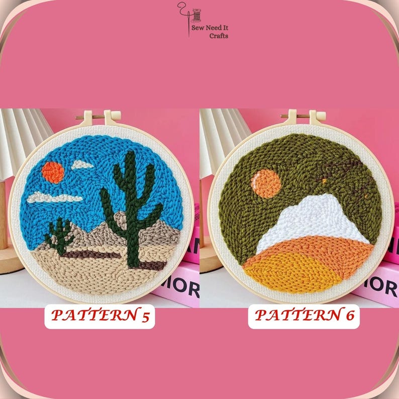 May include: Two embroidery hoop art pieces with desert scenes. The first hoop features a blue sky with white clouds, a red sun, a green cactus, and a tan desert landscape. The second hoop features a green sky with a white cloud, a yellow sun, a tan desert landscape, and a white mountain. Both hoops have the text "PATTERN" followed by a number.