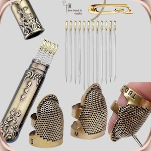 調節可能なデュアルサイズの裁縫用指ぬき2個、セルフスレッド針12個、金属彫刻のアンティーク＆ヴィンテージスタイルの針ケース、裁縫