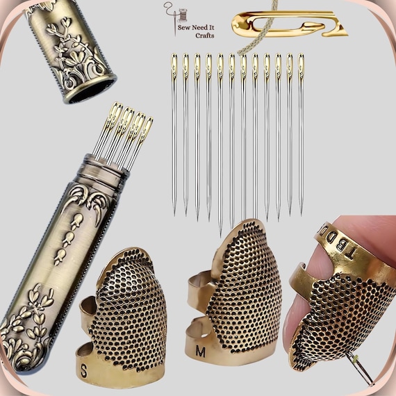 2 Pieces Adjustable Dual Size Sewing Thimbles, 12 Pieces Self Threading Needles, Metal Engraved Antique & Vintage Style Needle Case, Sewing