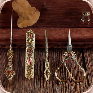 Elegant Metal Engraved Antique & Vintage Style Complete Sewing Set With ...