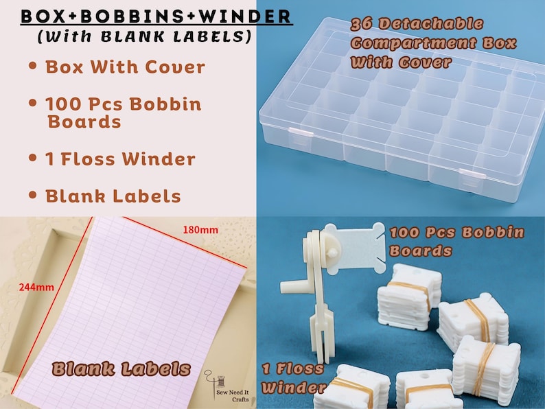 Complete Embroidery Floss Organizer Set with Adjustable Grid Floss Bobbin Storage Box, 100 Bobbins, Floss Winder & Label Stickers, Bead Box image 12