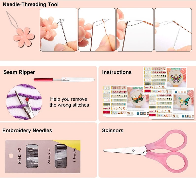 3 Set Schmetterling Embroidery Kit für Anfänger mit Anweisungen, einfache Embroidery Starter Kit, moderne Embroidery kit, Schmetterling Embroidery Kit Bild 3