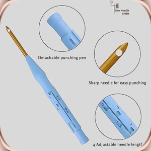 May include: A light blue plastic tool with a sharp gold needle for punching holes. The tool has a detachable punching pen and four adjustable needle lengths, labeled A, B, C, and D.
