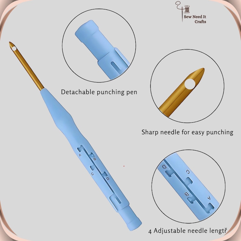 May include: A light blue plastic tool with a sharp gold needle for punching holes. The tool has a detachable punching pen and four adjustable needle lengths, labeled A, B, C, and D.