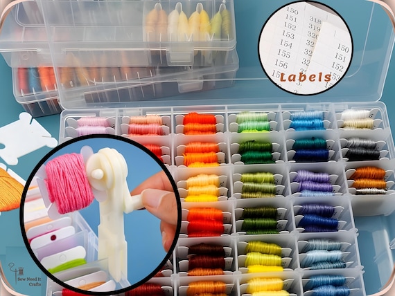 Complete Embroidery Floss Organizer Set with Adjustable Grid Floss Bobbin Storage Box, 100 Bobbins, Floss Winder & Label Stickers, Bead Box