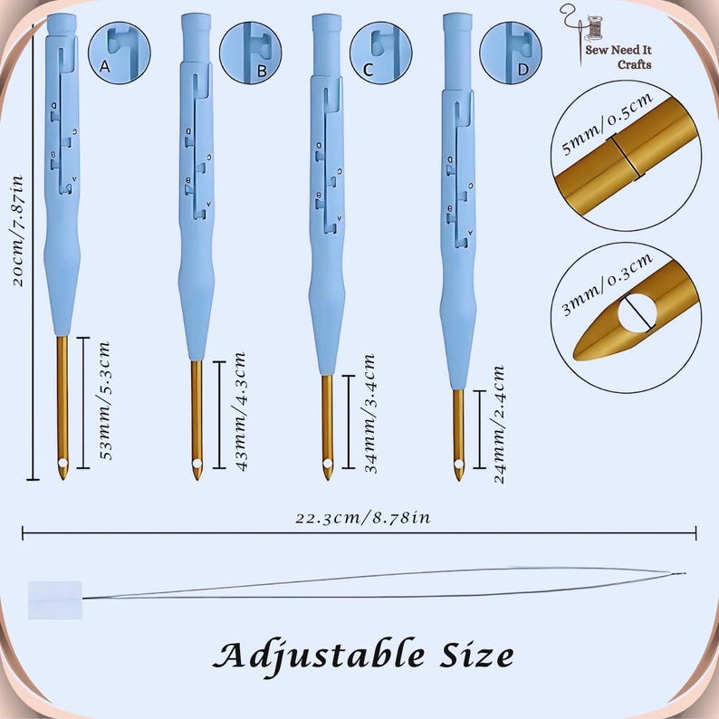 May include: Four blue plastic tools with adjustable needles for sewing and crafts. The needles are gold and measure 5.3 cm, 4.3 cm, 3.4 cm, and 2.4 cm. The tools are labeled A, B, C, and D. The text "Sew Need It Crafts" is visible in the upper right corner of the image.