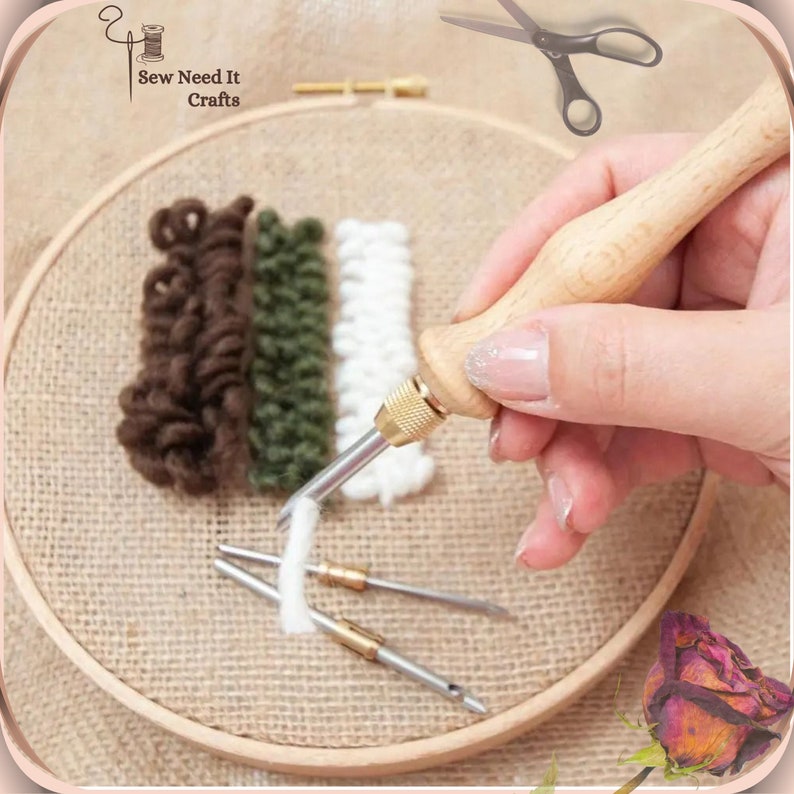 May include: A close-up of a hand using a wooden needle tool to create a rug with brown, green, and white yarn on a burlap canvas. The needle tool is used to push the yarn through the canvas to create loops. The yarn is wound around the needle tool and then pulled through the canvas to create the loops. The needle tool has a wooden handle and a metal needle. The canvas is stretched over a wooden hoop. The yarn is arranged in three vertical stripes. The brown yarn is on the left, the green yarn is in the middle, and the white yarn is on the right.