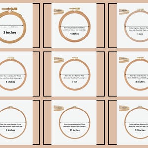May include: A collection of wooden embroidery hoops in various sizes, ranging from 3 to 12 inches in diameter. Each hoop is displayed with its size clearly labeled, ideal for needlecraft projects.