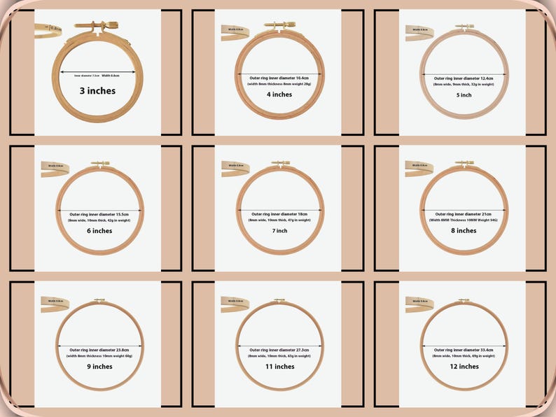 May include: A collection of wooden embroidery hoops in various sizes, ranging from 3 to 12 inches in diameter. Each hoop is displayed with its size clearly labeled, ideal for needlecraft projects.
