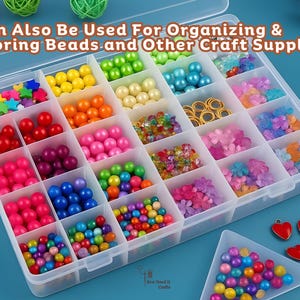 May include: A clear plastic organiser filled with colourful beads, stars, and flower-shaped embellishments. The organiser has multiple compartments and the text "Can Also Be Used For Organizing & Storing Beads and Other Craft Supplies".