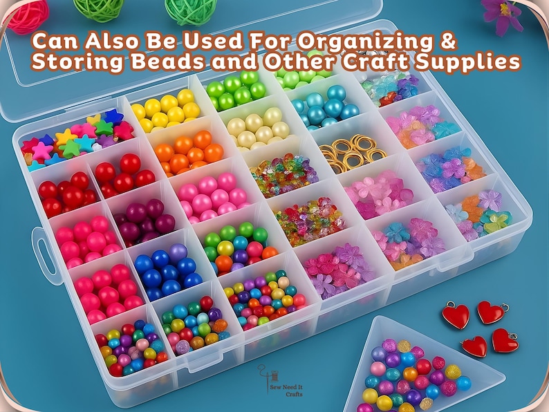 May include: A clear plastic organiser filled with colourful beads, stars, and flower-shaped embellishments. The organiser has multiple compartments and the text "Can Also Be Used For Organizing & Storing Beads and Other Craft Supplies".