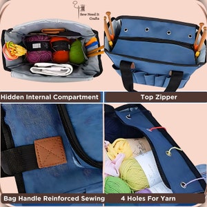 May include: A blue canvas tote bag with multiple pockets and a zippered top. The bag has a reinforced handle and four holes for yarn. The bag is open and filled with yarn balls and knitting needles. The bag has a label that says "Sew Need It Crafts".