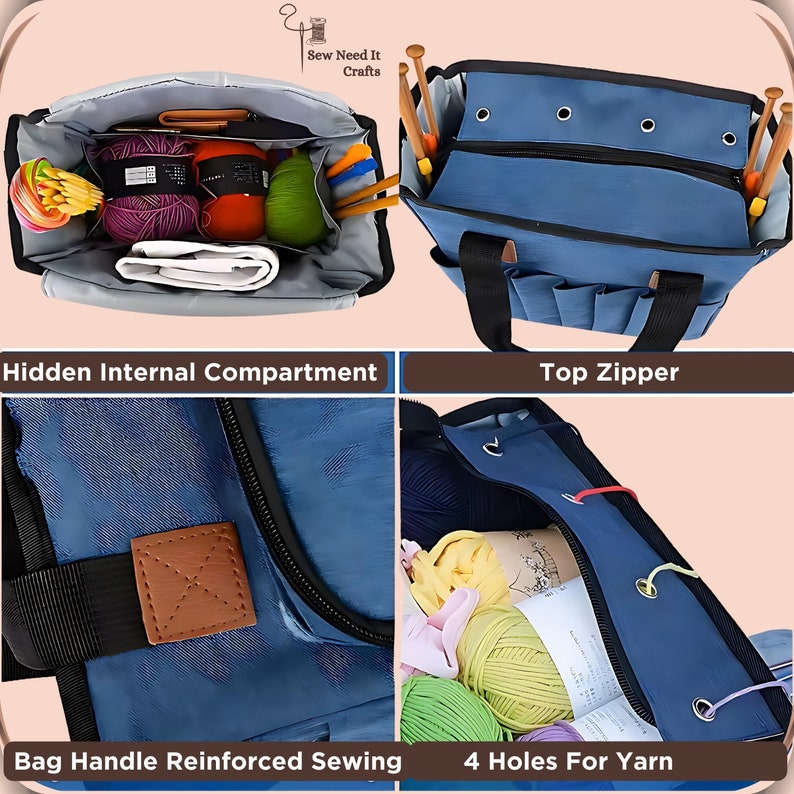 May include: A blue canvas tote bag with multiple pockets and a zippered top. The bag has a reinforced handle and four holes for yarn. The bag is open and filled with yarn balls and knitting needles. The bag has a label that says "Sew Need It Crafts".