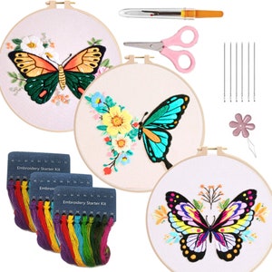 3 Set Schmetterling Embroidery Kit für Anfänger mit Anweisungen, einfache Embroidery Starter Kit, moderne Embroidery kit, Schmetterling Embroidery Kit Bild 1