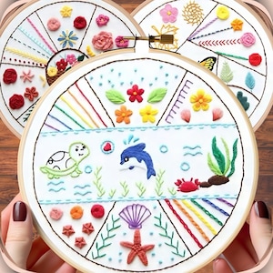 3 Set Beginner Embroidery Kit, Embroidery Starter Kit, Modern Embroidery kit, Learn Embroidery, Hand Embroidery Kit Floral Butterfly Dolphin