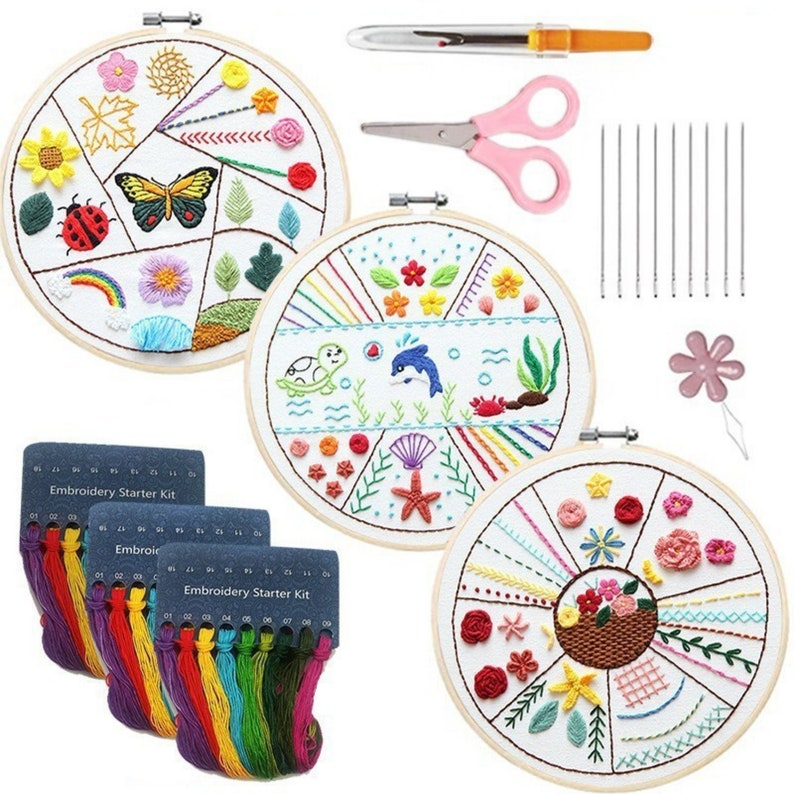 3 Set Beginner Embroidery Kit, Embroidery Starter Kit, Modern Embroidery kit, Learn Embroidery, Hand Embroidery Kit Floral Butterfly Dolphin image 1