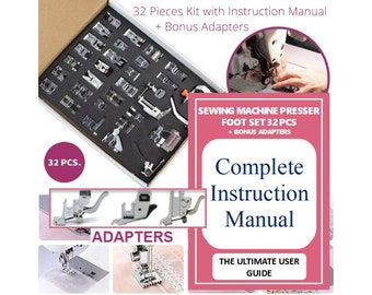 Kit de pied-de-biche pour machine à coudre – 32 pièces avec manuel d'instructions et adaptateurs bonus | Accessoires de fixation pour machine à coudre | Tutoriels de couture