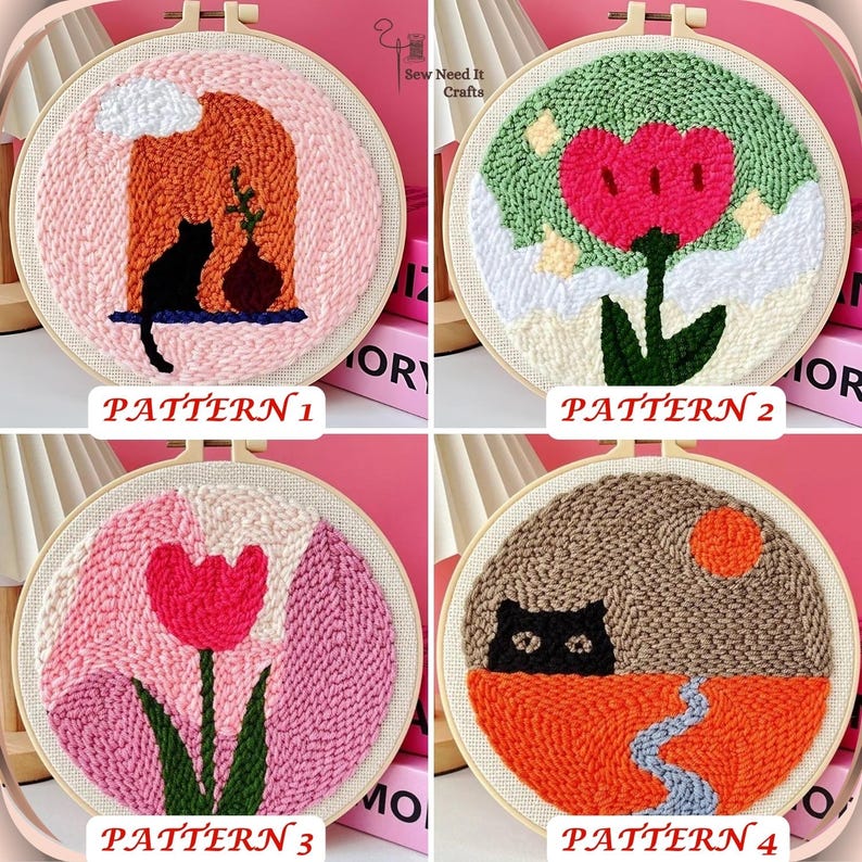 May include: Four embroidery hoop kits with different designs. The designs include a cat in a house, a flower, a tulip, and a cat in a landscape. Each hoop is made of wood and has a white background.
