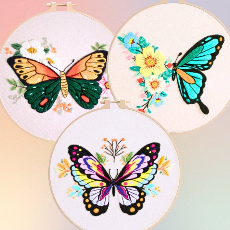3 Set Schmetterling Embroidery Kit für Anfänger mit Anweisungen, einfache Embroidery Starter Kit, moderne Embroidery kit, Schmetterling Embroidery Kit Bild 2