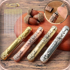 Metal Engraved Antique & Vintage Style Sewing Needle Cases with 12 pcs Self-Threading Needles, Sewing Gifts, Quilting Gifts, Sewing Supplies