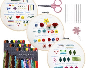 Lot de 3 kits de broderie pour débutants, Kit de démarrage de broderie, Kit de broderie moderne, Apprendre la broderie, Kit de broderie à la main pour débutants, Couture