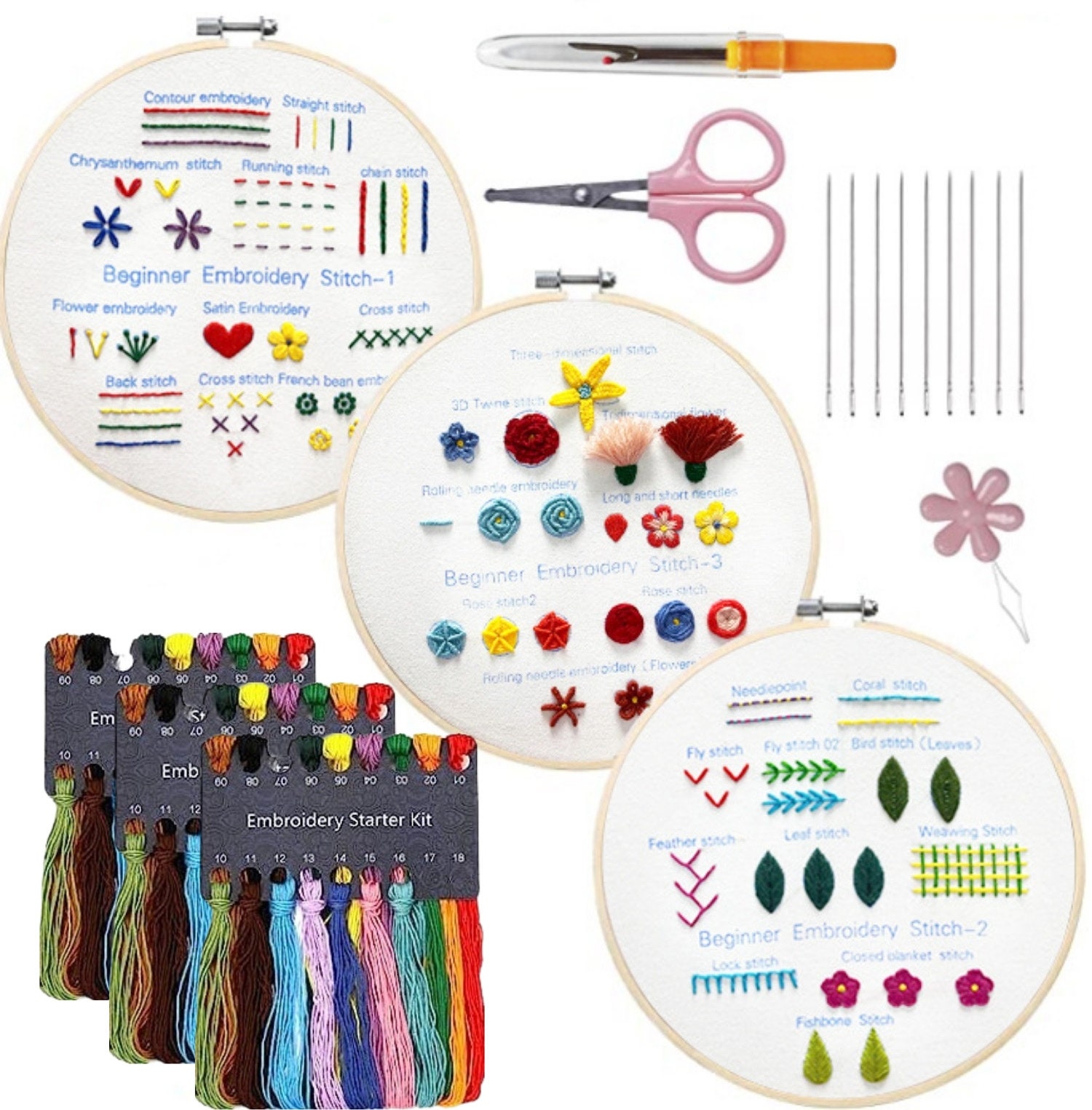 3 Pack Embroidery Starter Kit with Pattern, Kissbuty Full Range of Stamped Embroidery Kit Including Embroidery Fabric with Pattern, Bamboo