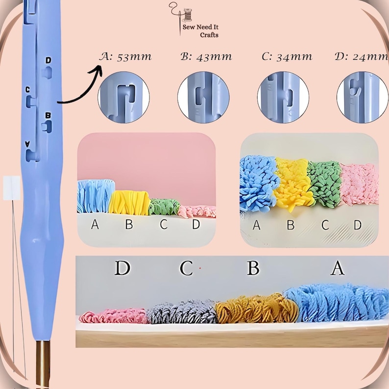 May include: A close-up of a blue tool with four different settings labeled A, B, C, and D. The tool is used to create different sized loops of yarn. The tool is shown next to four samples of yarn loops, each with a different size. The sizes of the loops are labeled A, B, C, and D. The tool is labeled with the sizes of the loops it can create: A: 53mm, B: 43mm, C: 34mm, D: 24mm.