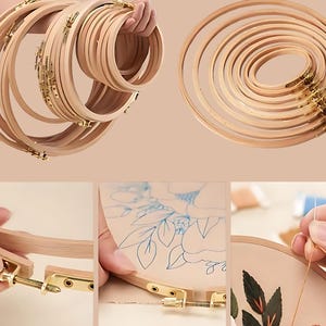 May include: A collection of wooden embroidery hoops in various sizes, with brass hardware. The hoops are displayed in a stack and individually. The image also shows the process of using the hoops for embroidery, with a floral design.