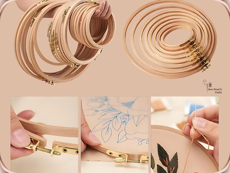 May include: A collection of wooden embroidery hoops in various sizes, with brass hardware. The hoops are displayed in a stack and individually. The image also shows the process of using the hoops for embroidery, with a floral design.