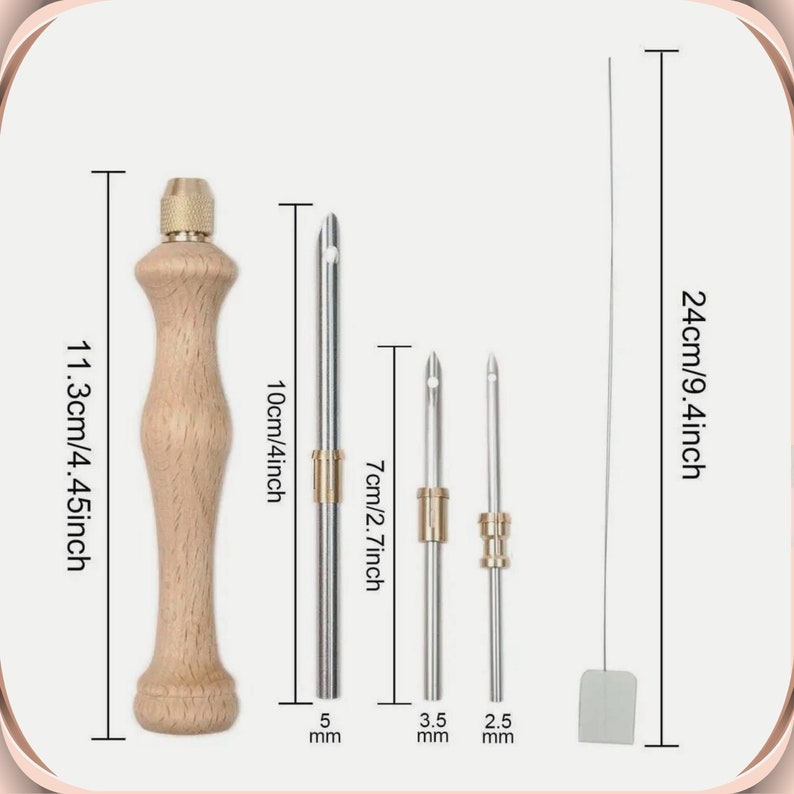 May include: Set of five leather crafting tools, including a wooden handle awl, three metal awls with different sizes, and a metal stitching tool. The awls are 10 cm, 7 cm, and 3.5 cm long. The stitching tool is 24 cm long.