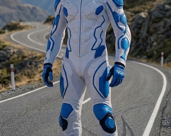 Futuristic Motorcycle Racing Suit Full Body Armor White Blue Riding Gear Protective Biker Outfit Racing Costume Mens Motorbike Suit