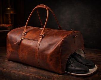 Borsa da viaggio vintage in pelle, borsa da weekend grande in pelle pieno fiore con scomparto per scarpe, elegante borsa da palestra