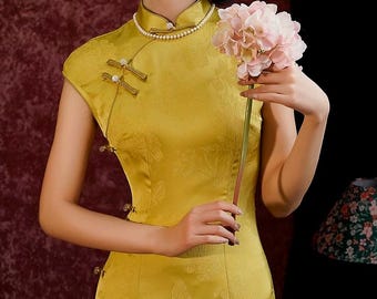 Yellow Summer Qipao, Chinese Dress, Cheongsam, Tea Ceremony Dress