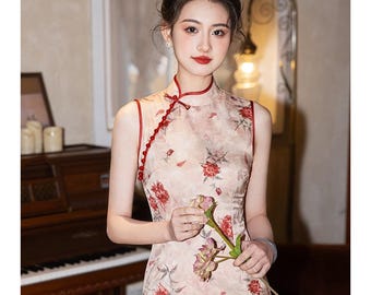 Red Brocade Qipao Dress: Sleeveless Cheongsam for Tea Ceremony