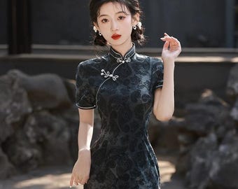 Black Qipao, S-4XL Size, Tie-Dye Dress, Chinese Traditional Dress, Cheongsam
