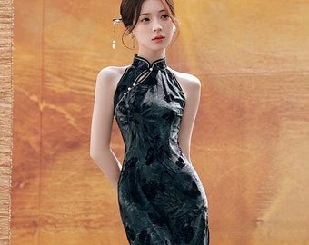 Sleeveless Cheongsam, Blue Tie-dye, Qipao, Traditional Chinese Dress, Modern Cheongsam