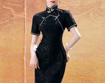 Vintage Black Cheongsam Dress: Traditional Chinese Qipao