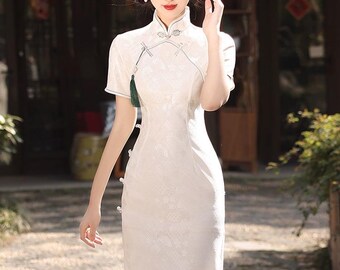 White Cheongsam, Qipao, Tea Ceremony Dress, Chinese Traditional Dress