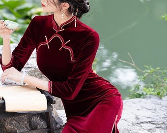 Red Cheongsam, Velvet Dress, Chinese Dress, Qipao, Vintage Cheongsam, Qipao Dress, Black Cheongsam, Longsleeve Cheongsam