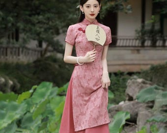 Elegant Pink Ao Dai Dress: Vietnamese Cheongsam Qipao