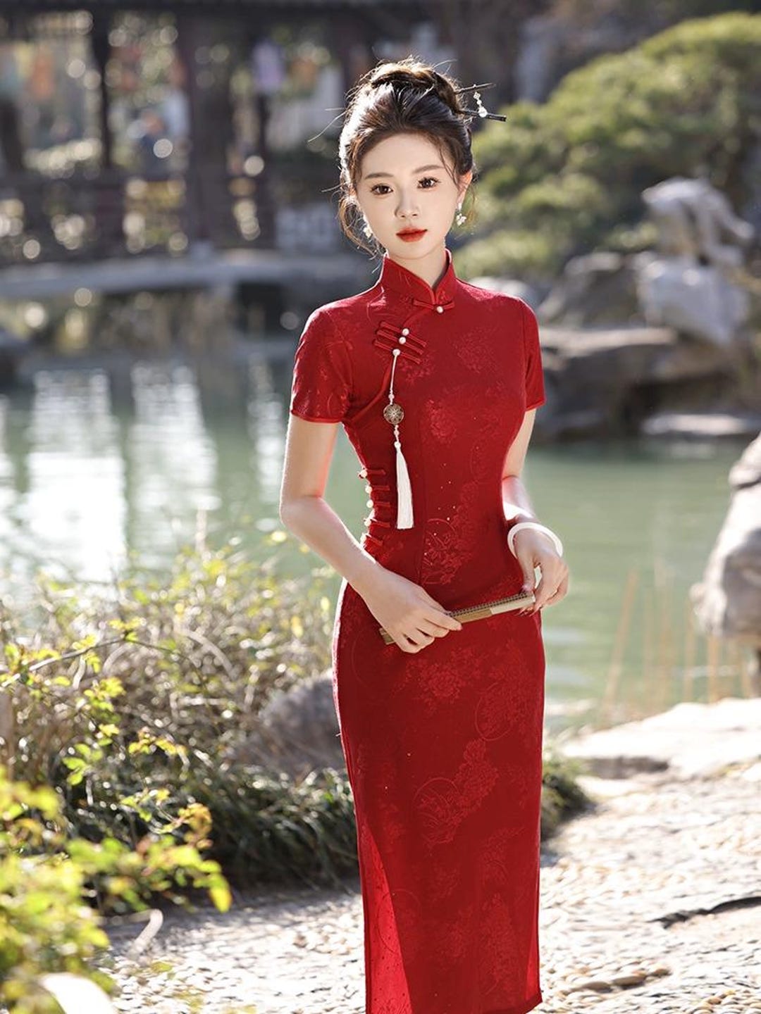 chinese dress for women Bronze Satin Wrap Maxi Dress With Collar M