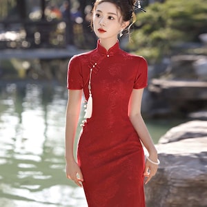 Red Cheongsam, Chinese Traditional Dress, Qipao, Vintage Qipao, Tea Ceremony Dress, Cheongsam, Red Dress