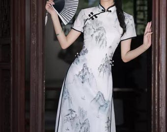 Elegant White Ao Dai Dress: Traditional Cheongsam Qipao Style