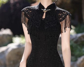 Vintage Black Cheongsam Dress with Lace Shawl: Elegant Qipao