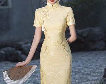Yellow Qipao, Summer Cheongsam, Chinese Prom Dress, Asian Style Dress, Tea Ceremony