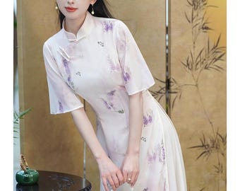 Ao Dai Purple Dress, Summer Dress, Qipao, Longsleeve Cheongsam