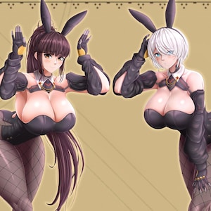 Könnte beinhalten: Digitale Illustration von zwei Anime-Figuren in Bunny-Outfits. Sie tragen schwarze Dessous, Netzstrümpfe und High Heels. Die Figuren haben Hasenohren und posieren mit erhobenen Armen. Das Bild enthält den Text "Stellar Blade NieR:Automata".