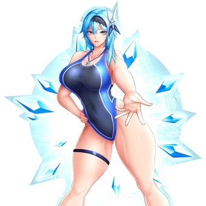 May include: A digital illustration of a female character from the video game Genshin Impact. She is wearing a blue swimsuit with a white trim and has blue hair. She is standing on a white background with blue ice crystals around her. The text "Genshin Impact" is at the bottom of the image.